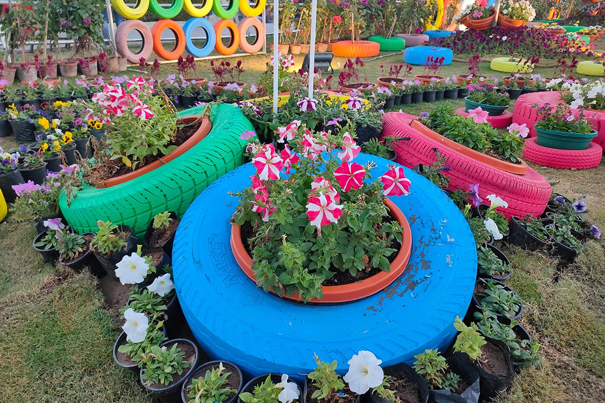Jardín colorido con neumáticos reciclados pintados como maceteros, decorados con flores ornamentales de colores vibrantes